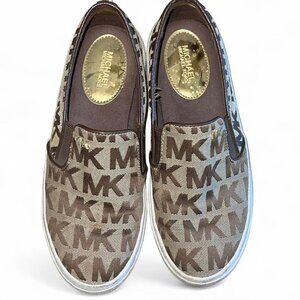 Michael Kors Women's Monogram Brown and Gold Loafer Sneakers
